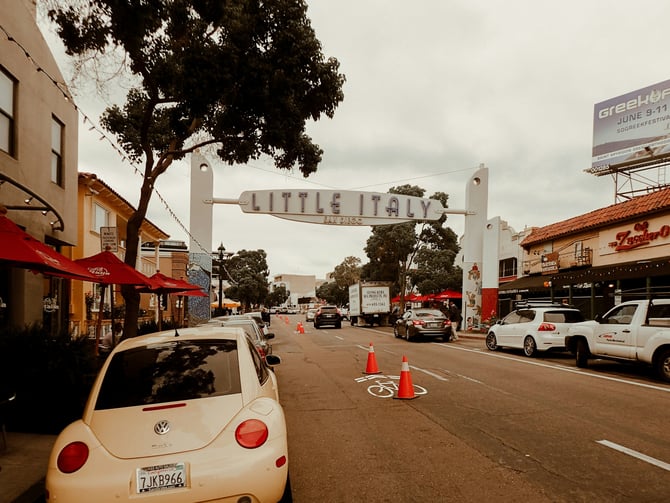 Little Italy arch sign over the main street in San Diego
