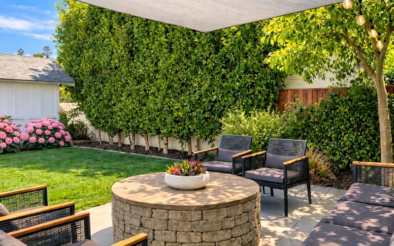 Shaded patio with a round gas fire pit ringed by cushioned lounge chairs against a tall green hedge